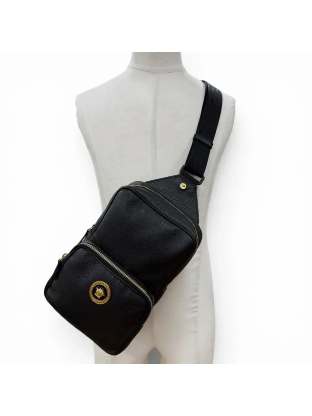 Versace Cowhide Medusa Leather Sling Bag Black Gold